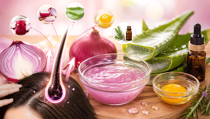 ماسک پیاز + آلوئه‌ورا + زرده تخم‌مرغ (برای پرپشتی و تقویت ریشه)